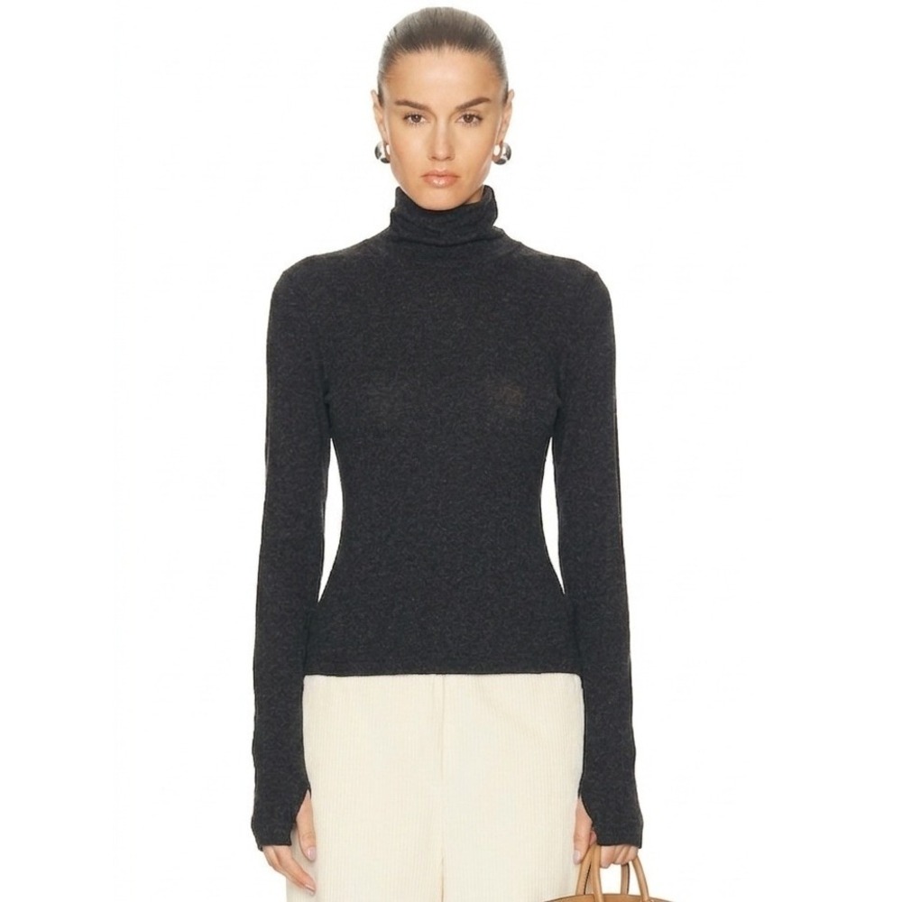 ENZA COSTA Cashmere New Classic Turtleneck Top Small Charcoal Gray Long Sleeve